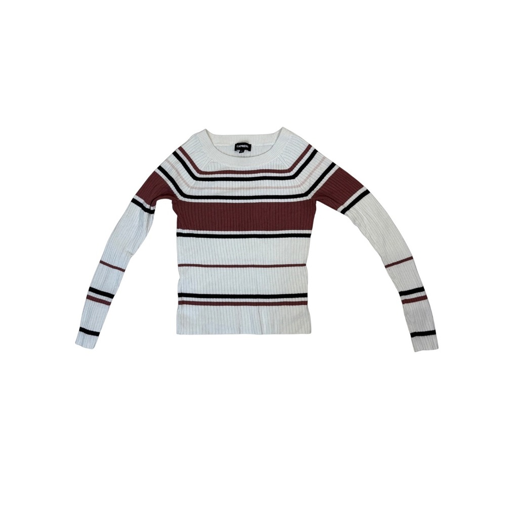 Express Womens White Burgundy Black Striped Ribbed Knit Sweater Medium